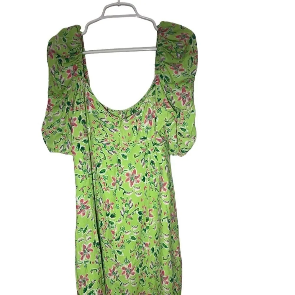 WAYF Liv Green Floral Puff Sleeve Mini Dress Scoop Neck Back Tie Detail Size L - Picture 4 of 5